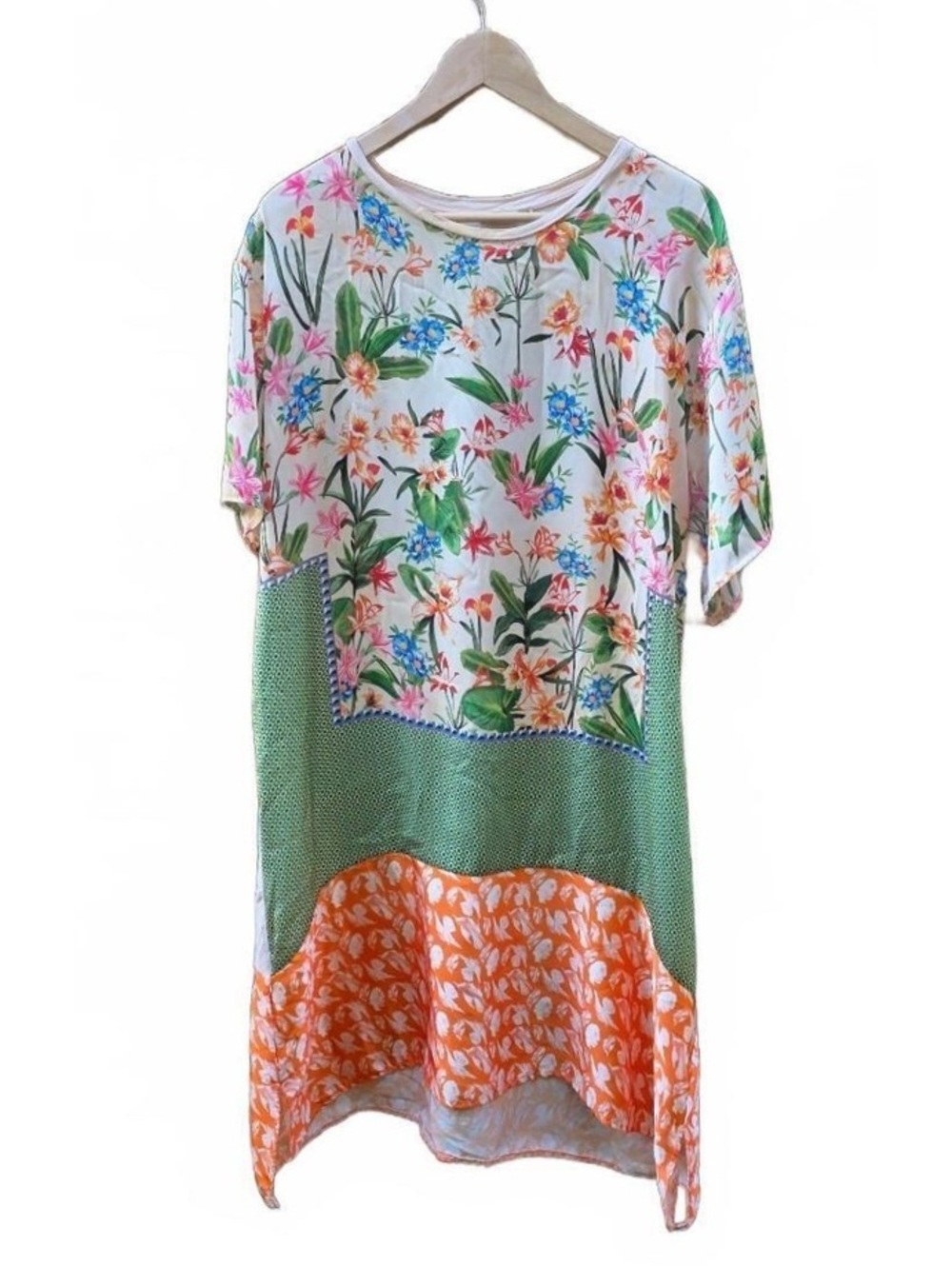 Zara Patchwork Floral Striped Side Slit High Low Shift Dress Tunic Sz L Large
